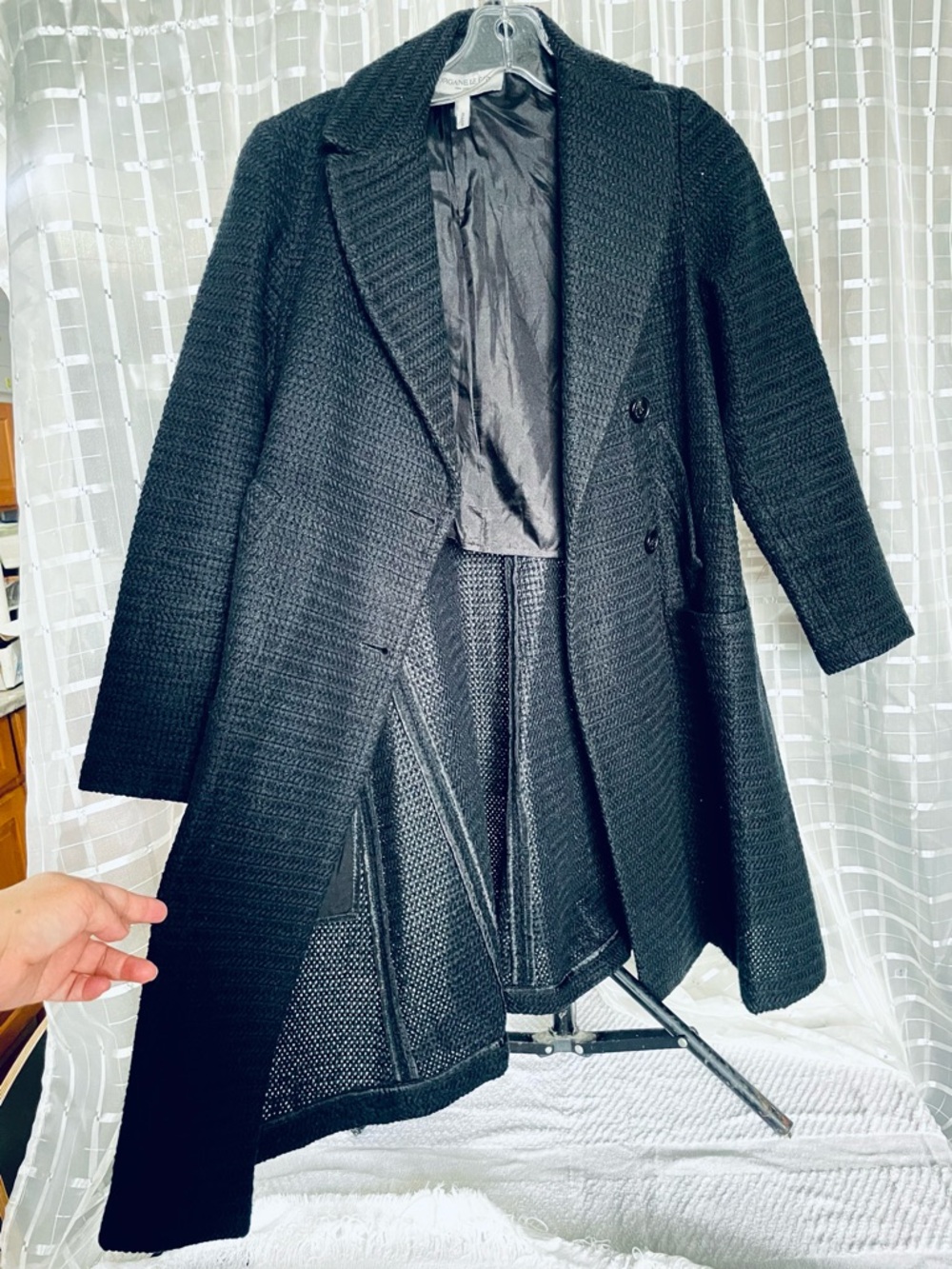 Morgane Le Fay Black Textured Double-Breasted Long Coat